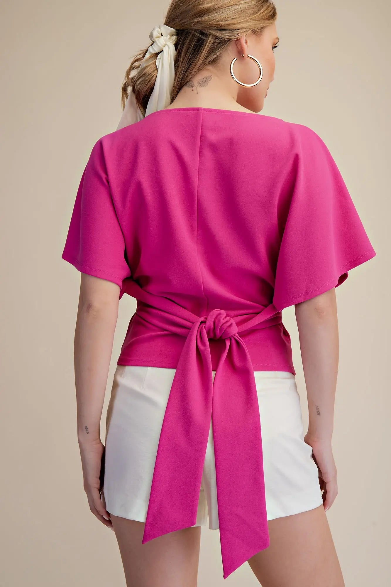 Two Way Tie Boat Neckline Bell Sleeve Knit Top