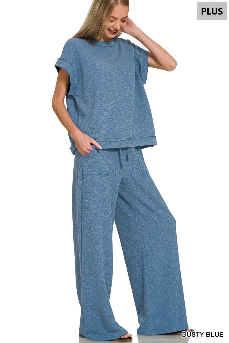Zenana-PLUS SLUB SHORT SLEEVE TEE & LONG PANTS SET