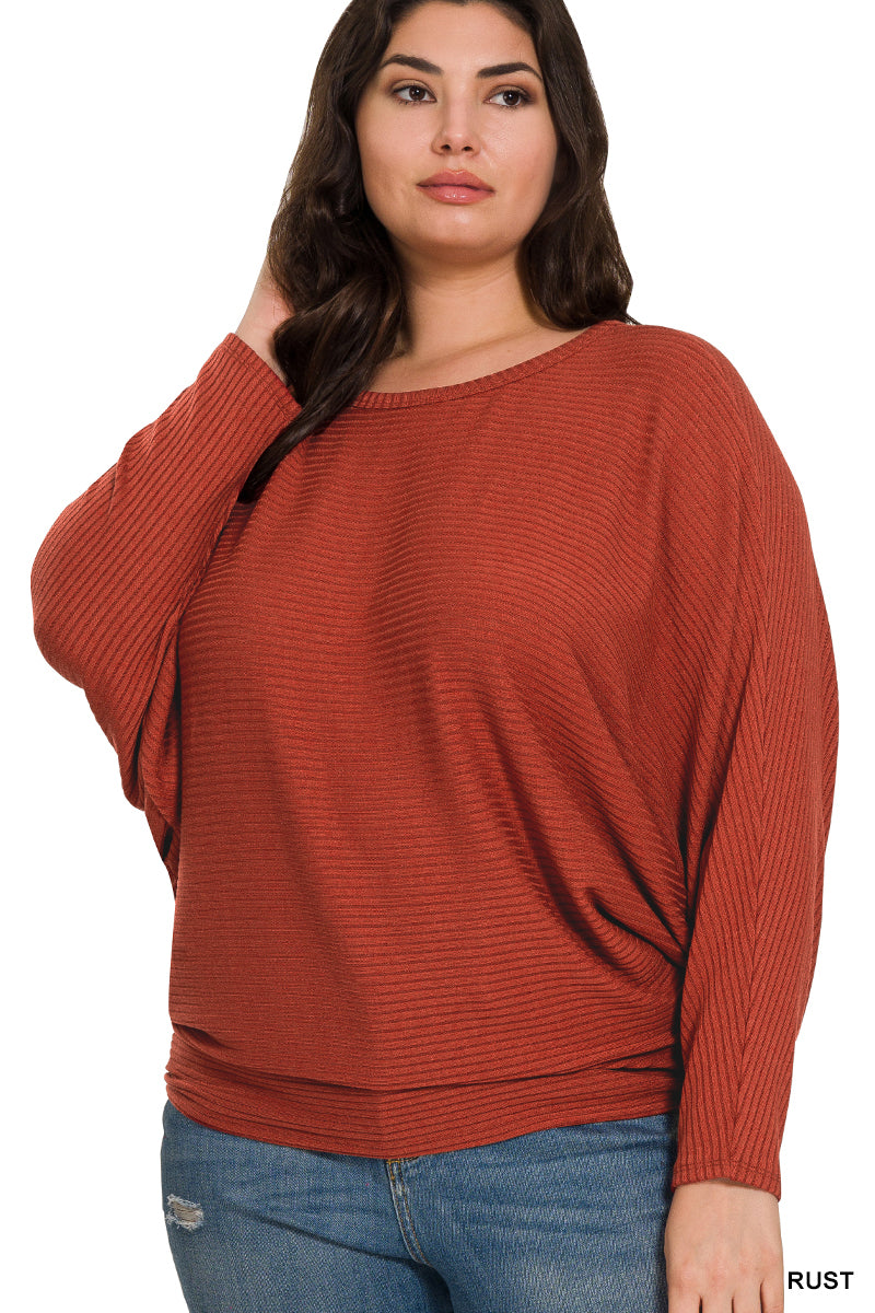 Zenana- PLUS RIBBED BATWING LONG SLEEVE BOAT NECK SWEATER