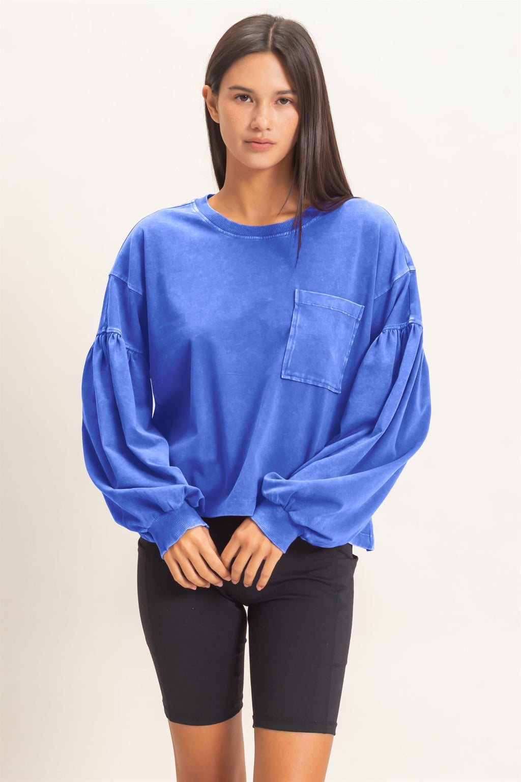 Mineral Wash Puff Long Sleeve Boxy Top,Mineral Wash Elastic Waist Jogger Pants