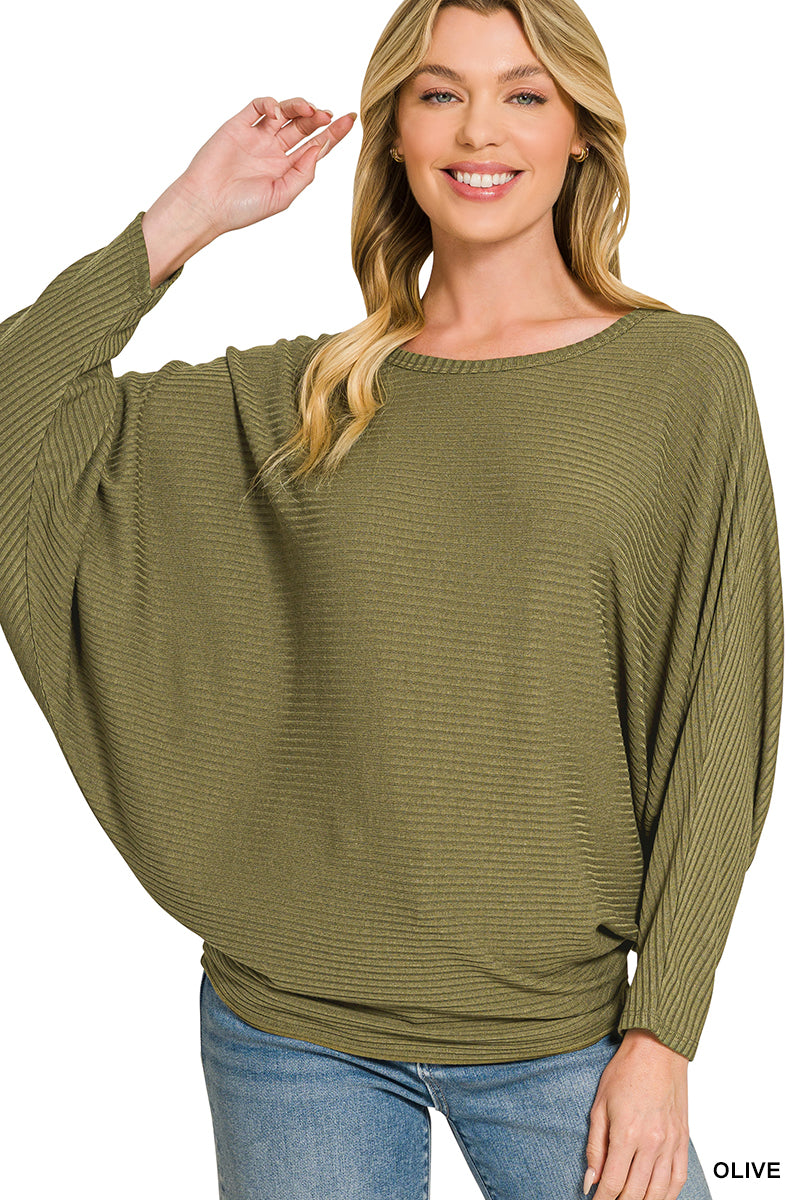 Zenana-RIBBED BATWING LONG SLEEVE BOAT NECK SWEATER