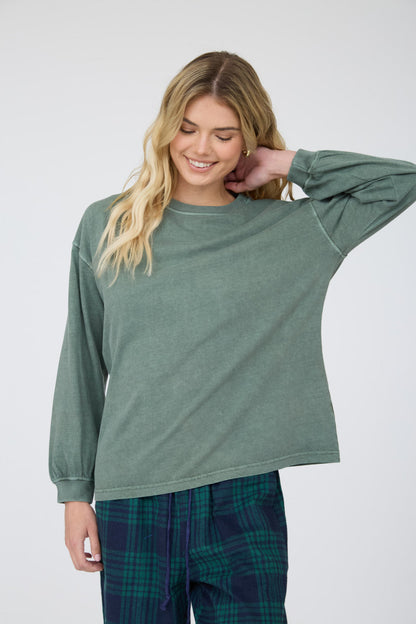 Blu Pepper-WASHED CREW NECK LONG SLEEVE KNIT TOP