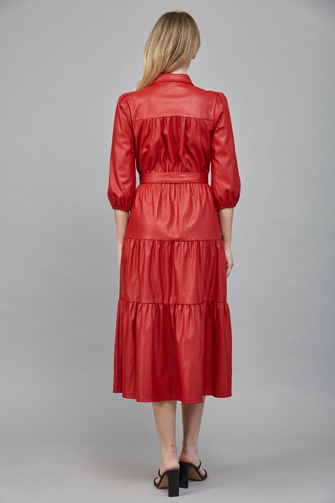 Faux Leather Tiered Midi Dress