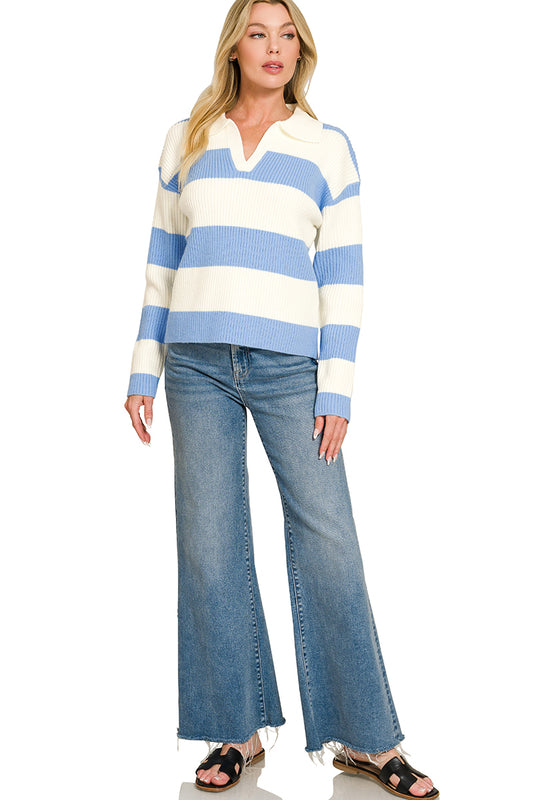 Zenana-STRIPED COLLARED SWEATER