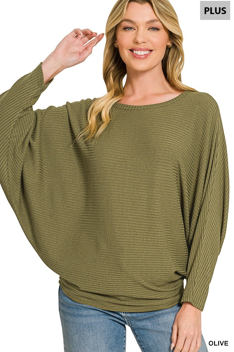 Zenana- PLUS RIBBED BATWING LONG SLEEVE BOAT NECK SWEATER