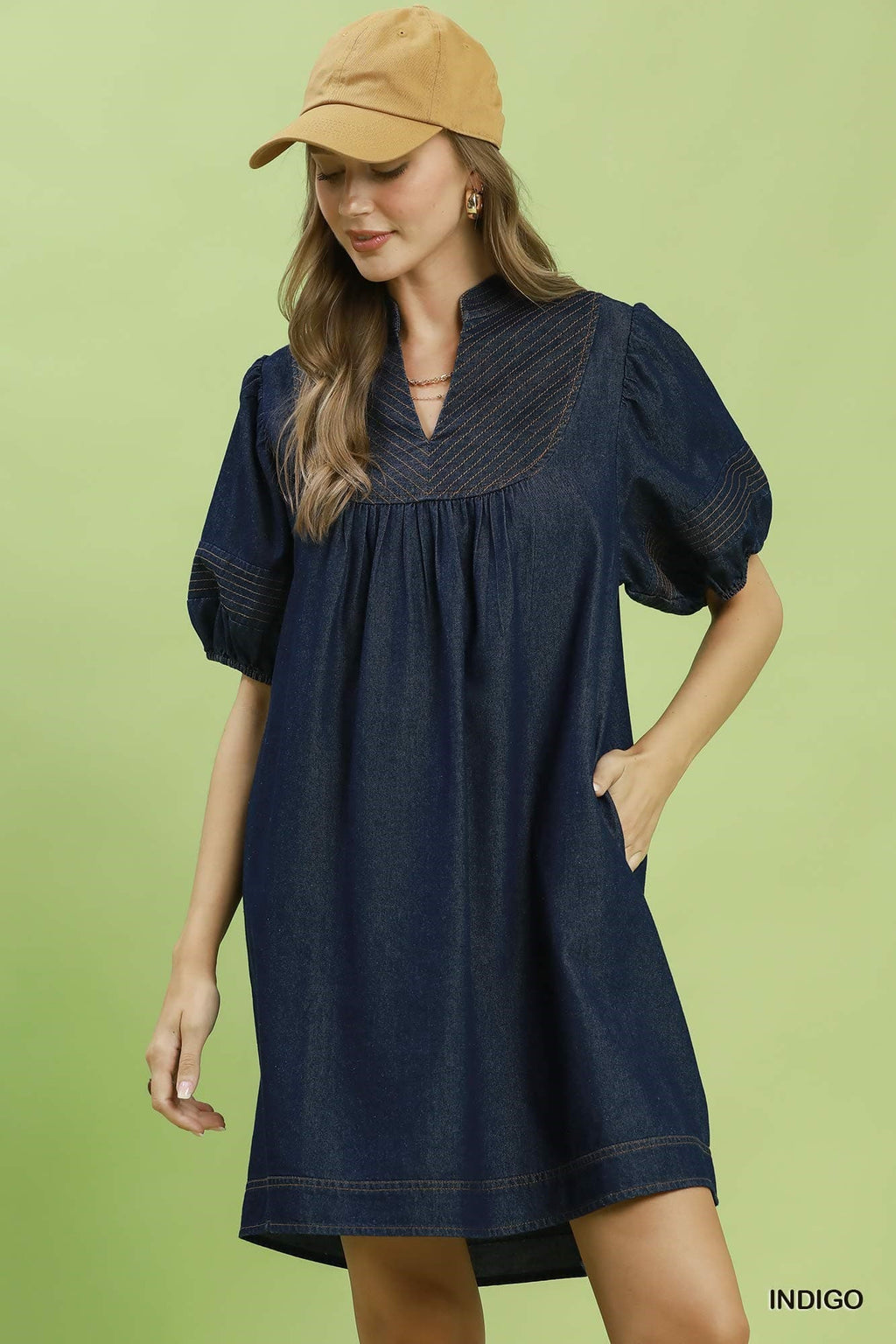 Umgee-Chambray Dress Puff Sleeve Dress