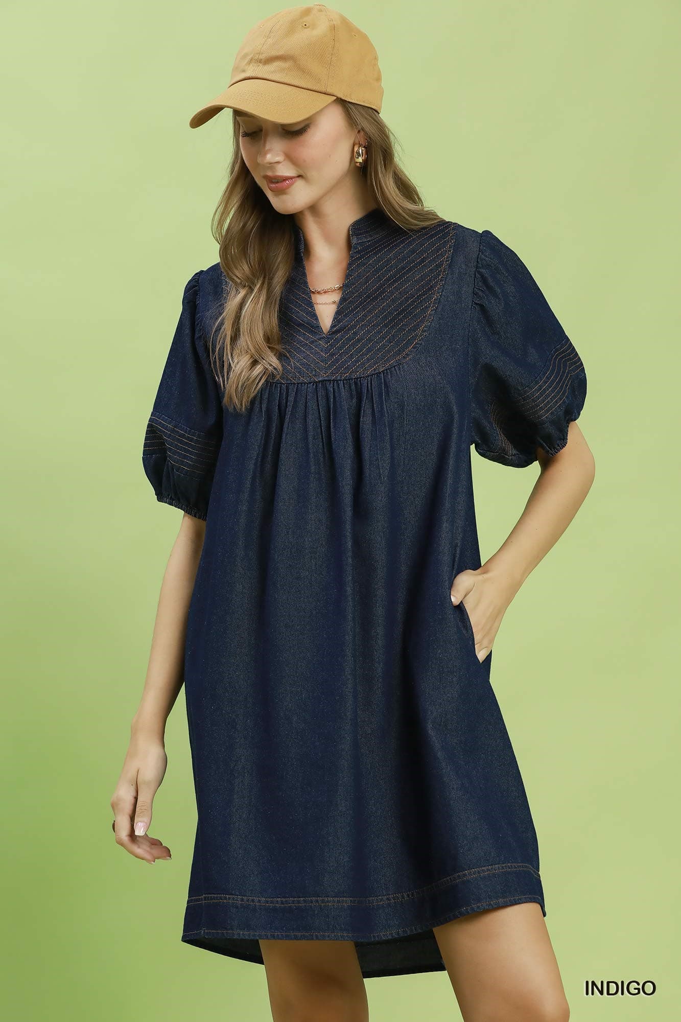 Umgee-Chambray Dress Puff Sleeve Dress