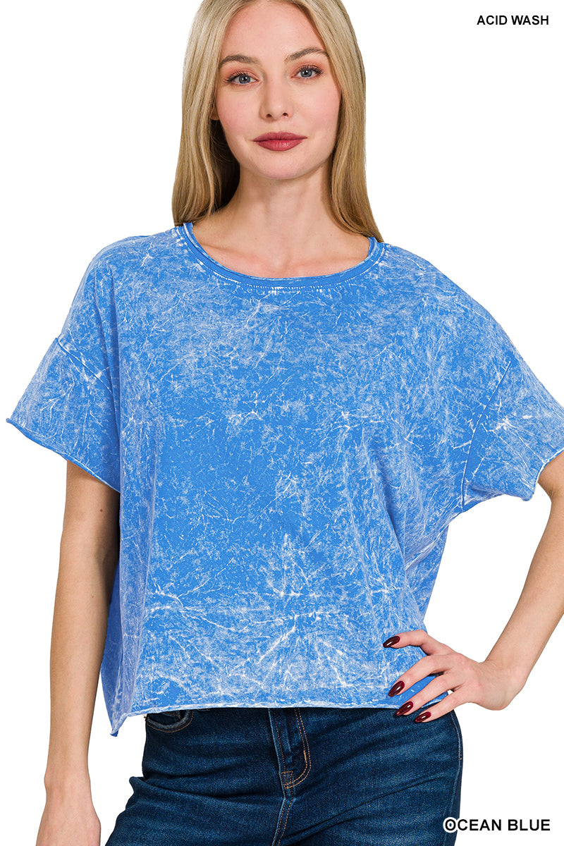 Zenana-CRINKLE WASHED CREW NECK SHORT SLEEVE CROP BOX TEE