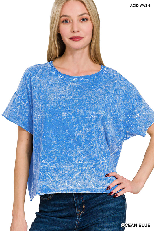 Zenana-CRINKLE WASHED CREW NECK SHORT SLEEVE CROP BOX TEE