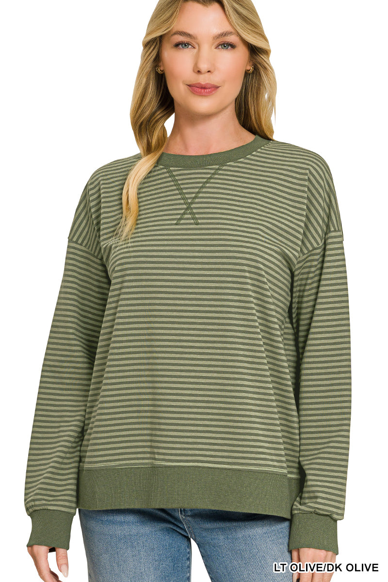 Zenana-STRIPED RIB BANDED PULLOVER