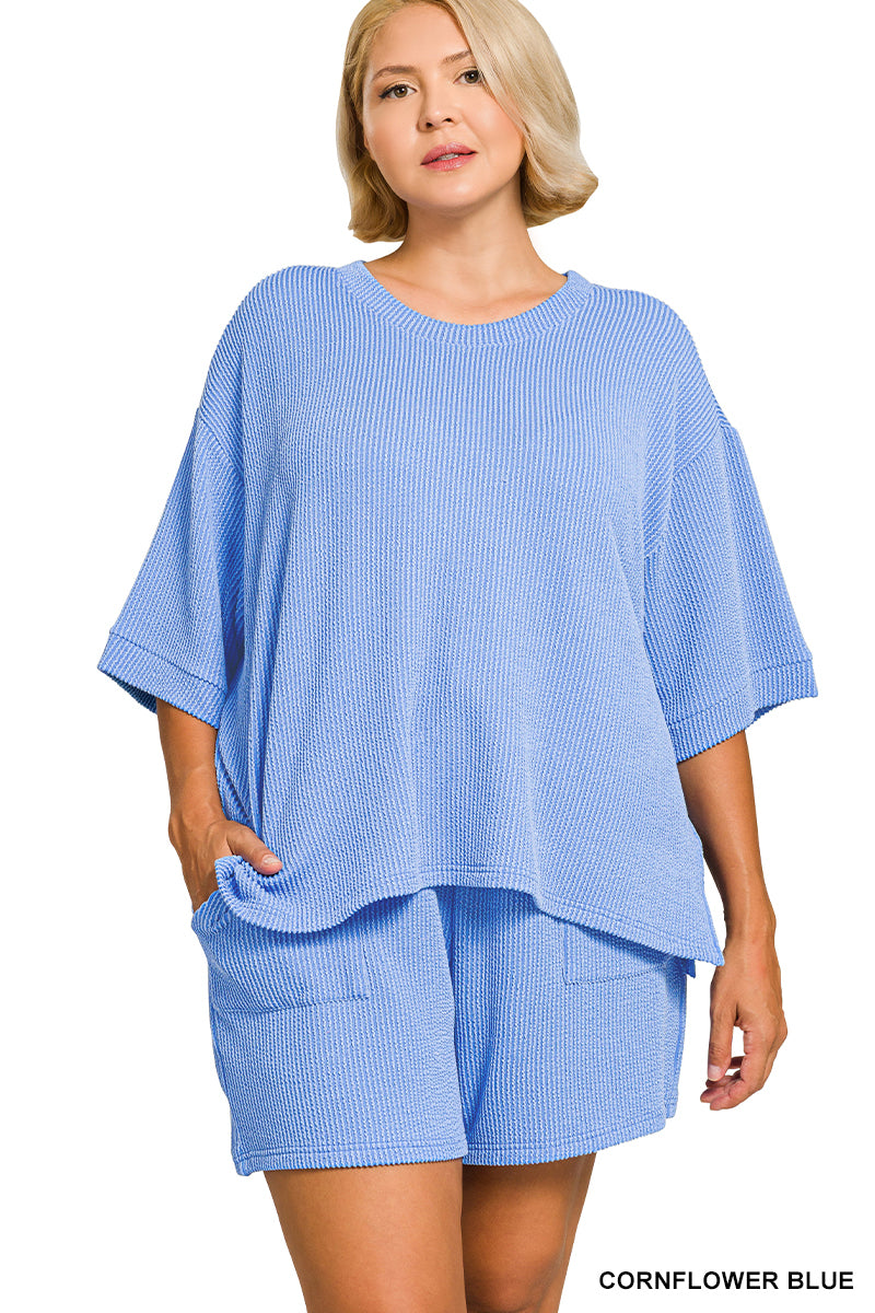 Zenana-PLUS RAISED RIB SHORT SLEEVE TEE & SHORT PANTS SET