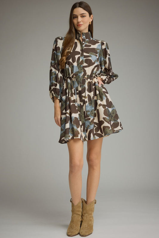 Entro-Printed ¾ balloon sleeve mini dress