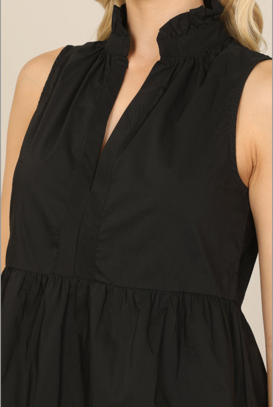 BB-Black Ruffle Notch High Neck Sleeveless Tiered Mini Dress