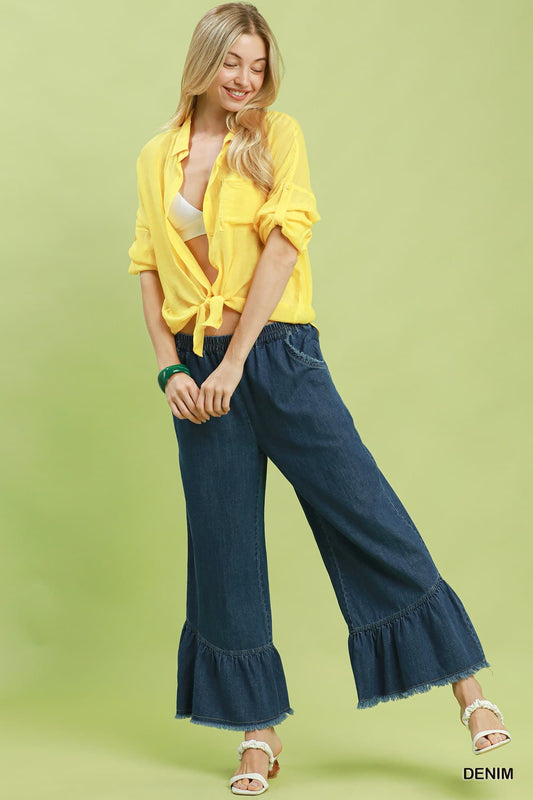 Umgee-Washed Denim Wide Leg Pants