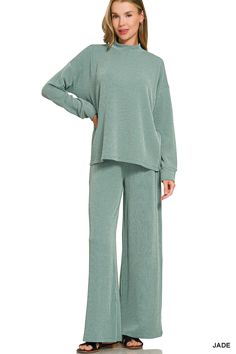 Zenana-RAISED RIB MOCK NECK LONG SLEEVE TEE & PANTS SET