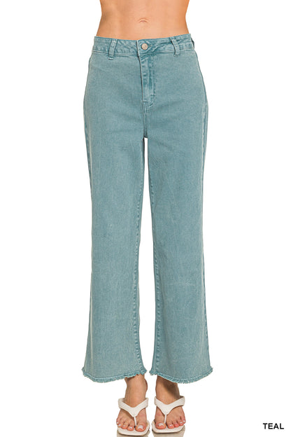 Zenana ACID WASHED FRAYED CUTOFF HEM STRAIGHT WIDE PANTS