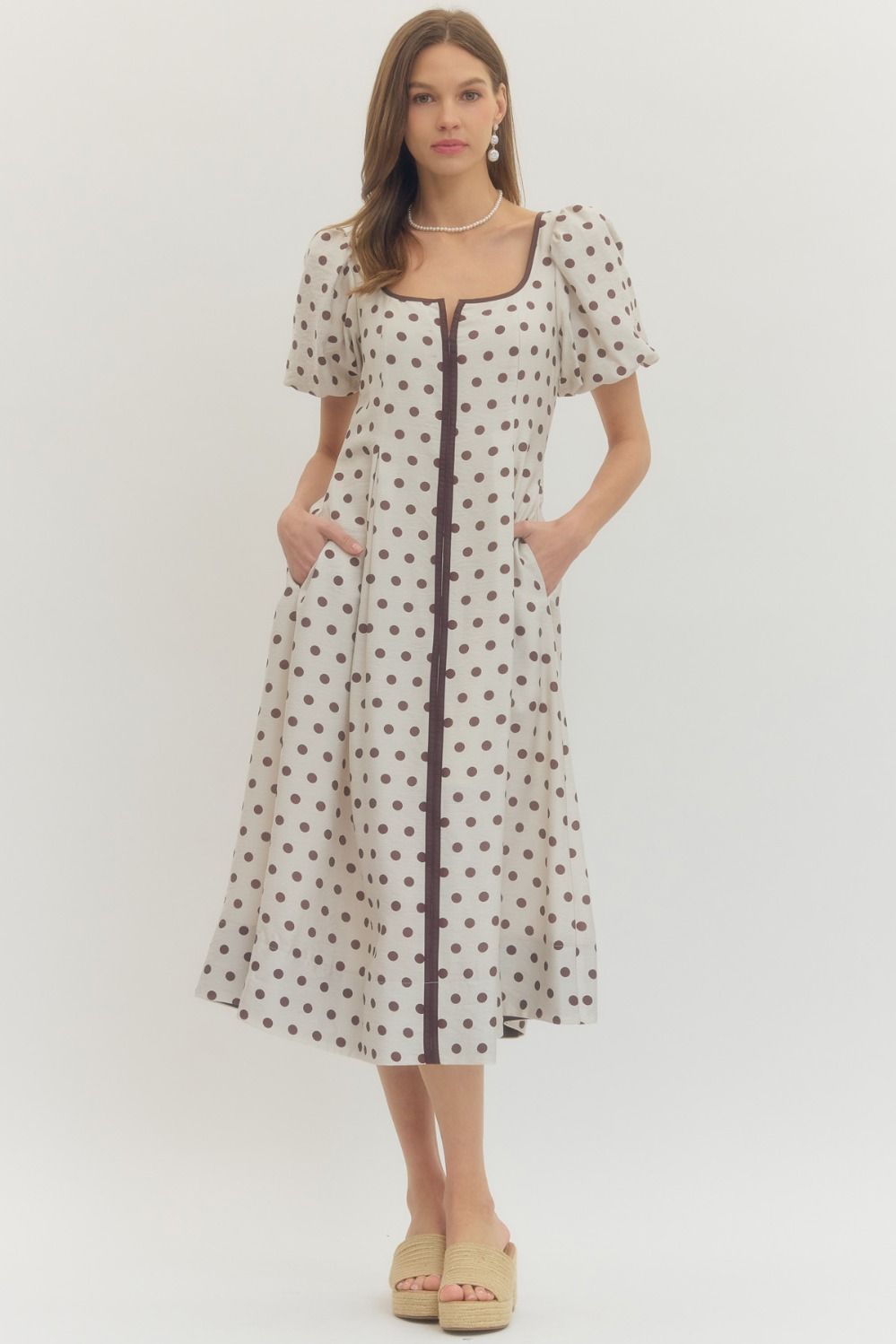 Entro Polka dot short puff sleeve midi dress.