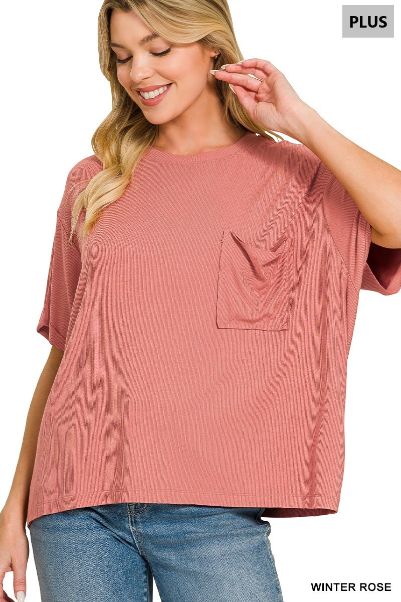Zenana-PLUS OVERSIZED RIBBED ROUND NECK SHORT SLEEVE TEE