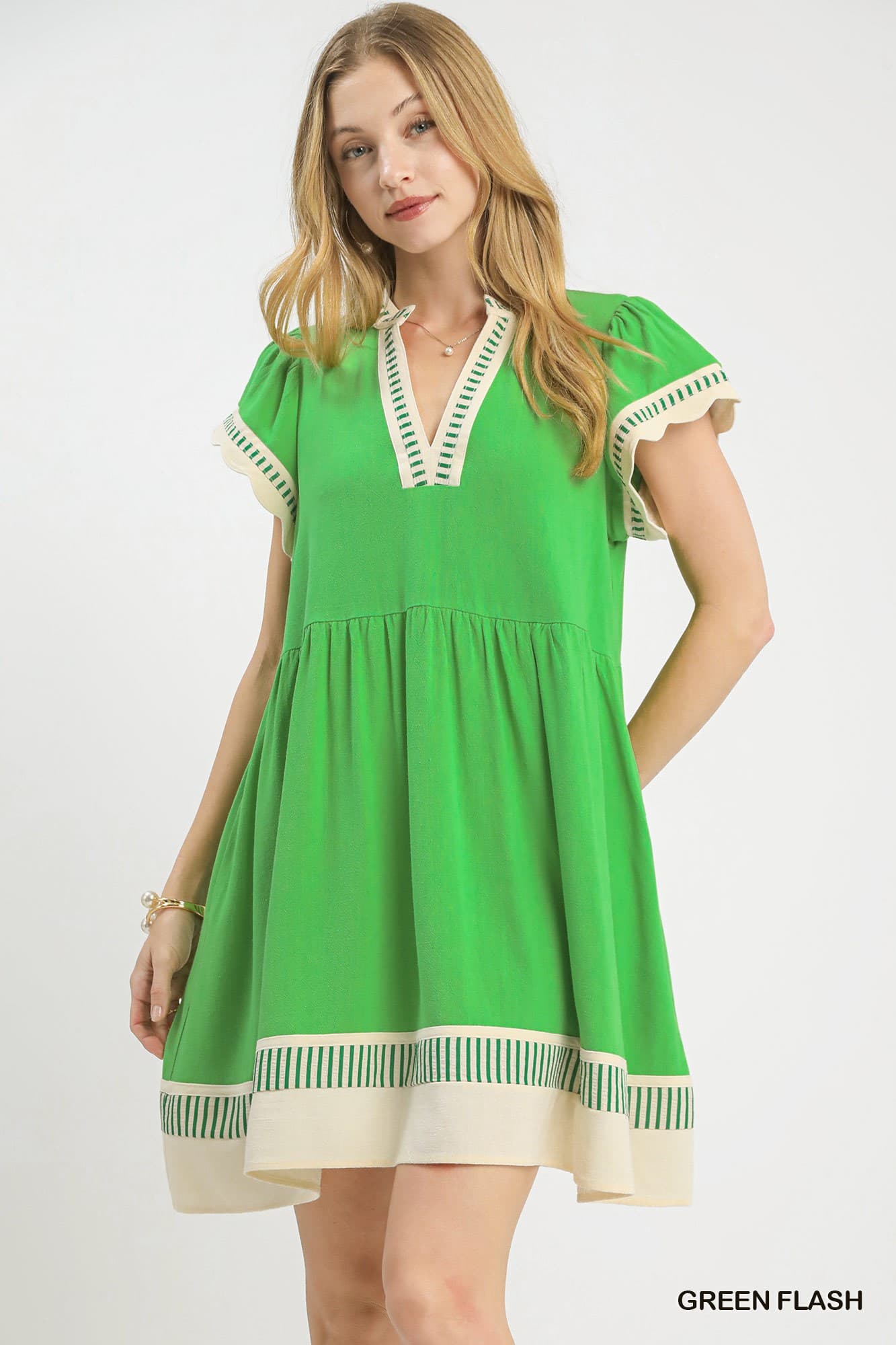 Linen Color Block Flutter Sleeve Dress
