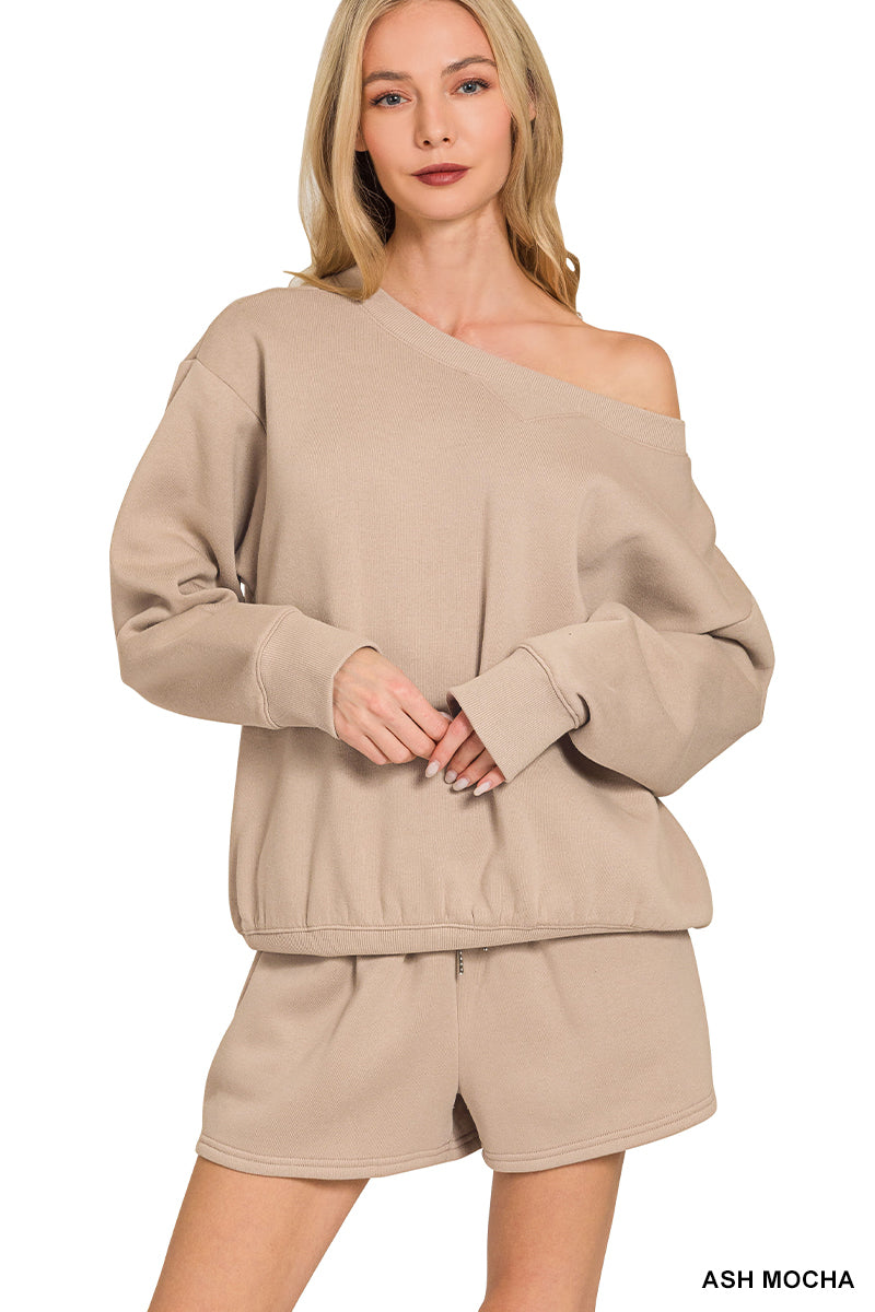 Zenana-FLEECE BOAT NECK SWEATSHIRTS & SHORTS 2PCS SET