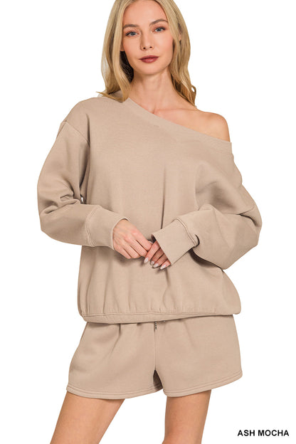 Zenana-FLEECE BOAT NECK SWEATSHIRTS & SHORTS 2PCS SET