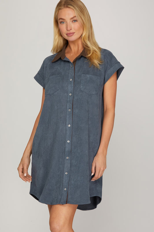Women’s button down mini shirt dress with pockets