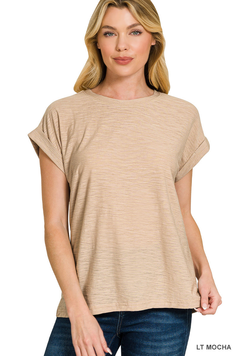 Zenana- SLUB CUFFED SLEEVE TEE