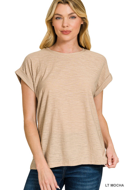 Zenana- SLUB CUFFED SLEEVE TEE