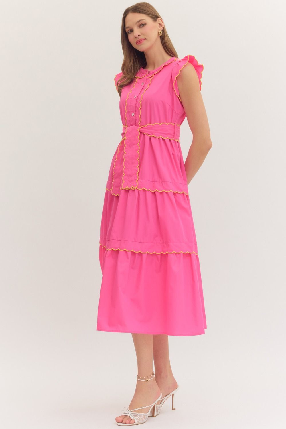 Solid scallop trim sleeveless midi dress.