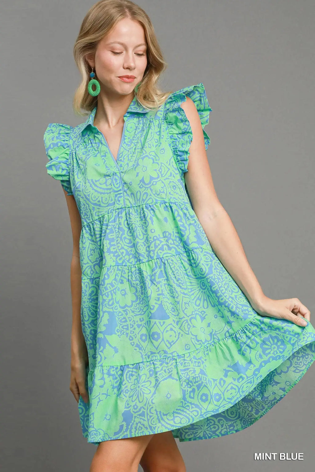 Umgee Abstract Print V-Neck Babydoll Dress