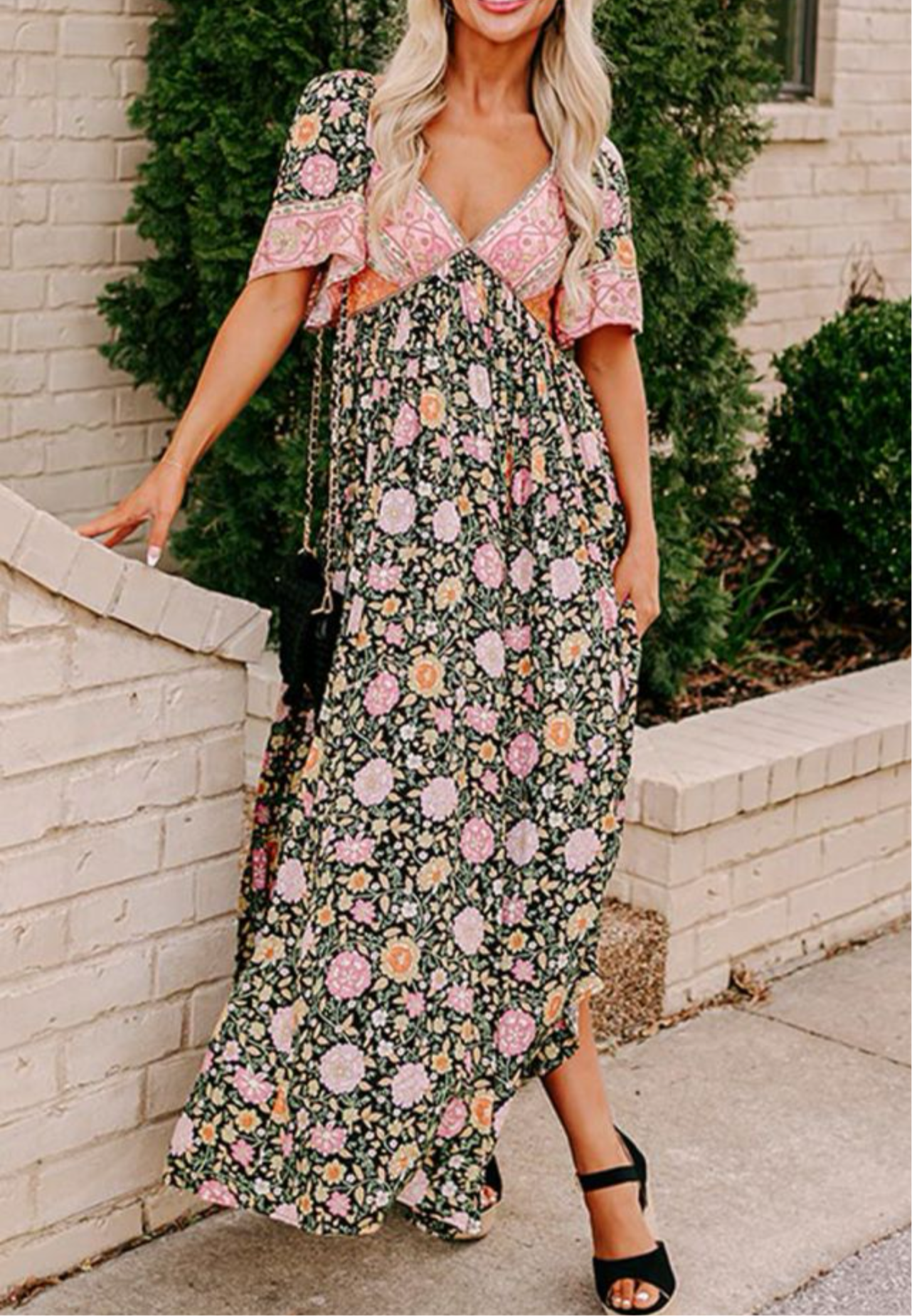 Black Boho Floral Patchwork Maxi Dress