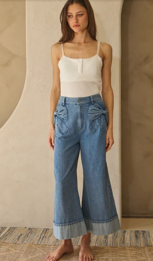 Washed denim wide leg denim pants with bow detailed pocket