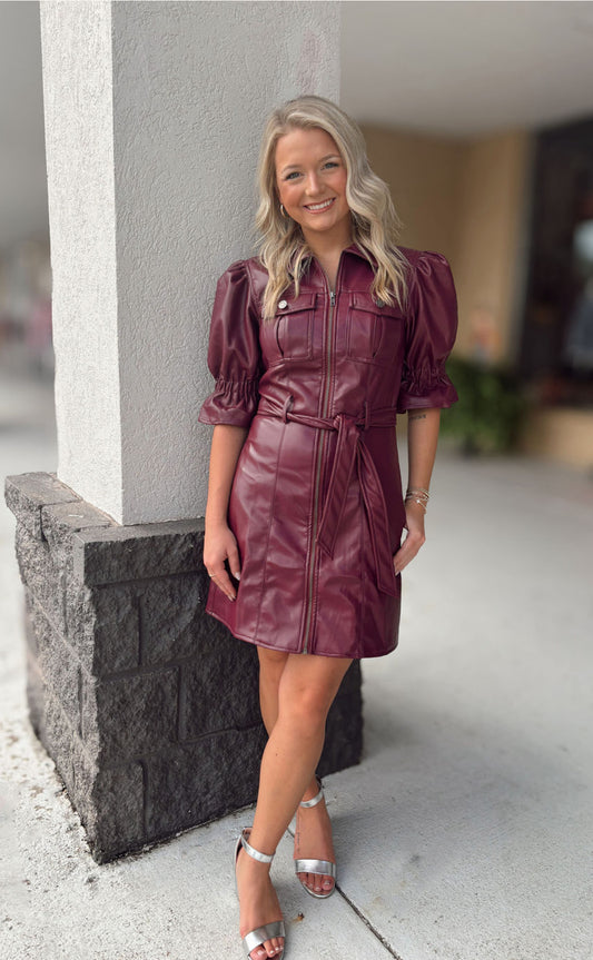 Plum Puff Sleeve faux Leather Dress