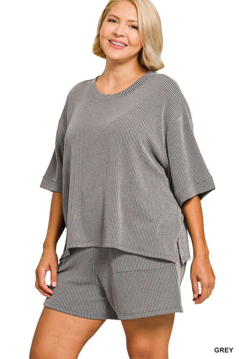 Zenana-PLUS RAISED RIB SHORT SLEEVE TEE & SHORT PANTS SET