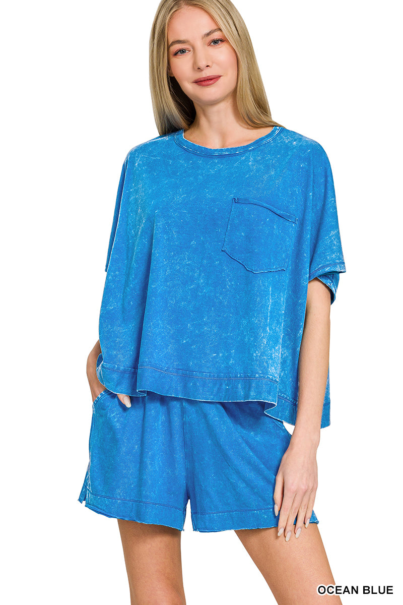Zenana- ACID WASHED OVERSIZED TOP & SHORTS SET