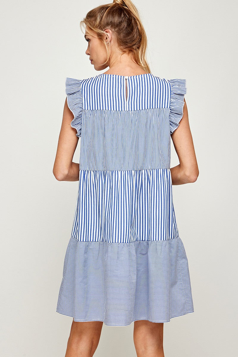 Stripe Print Ruffled Cap Sleeves Short Dress