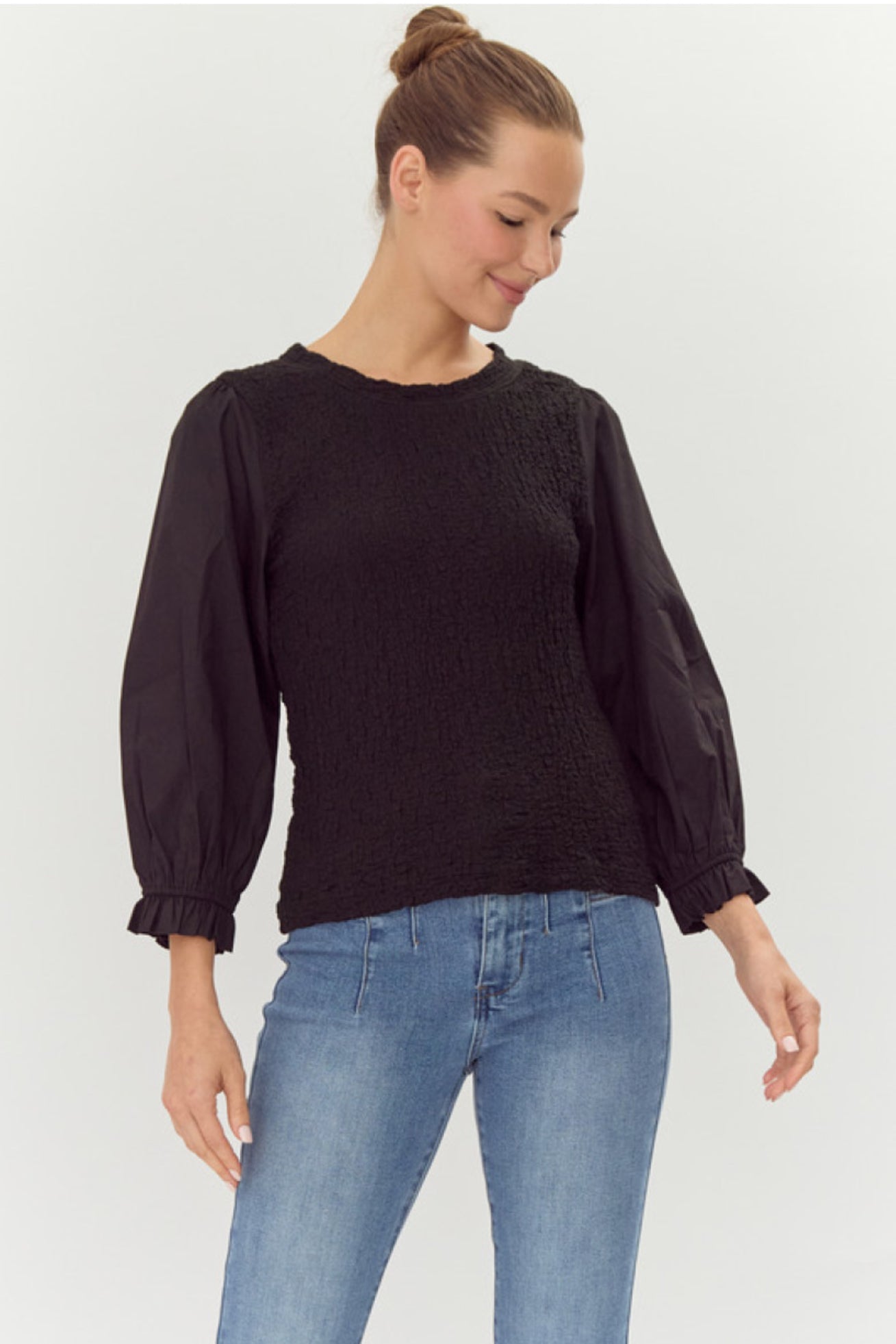 BB-Black Smocked Ruffle Cuff Top