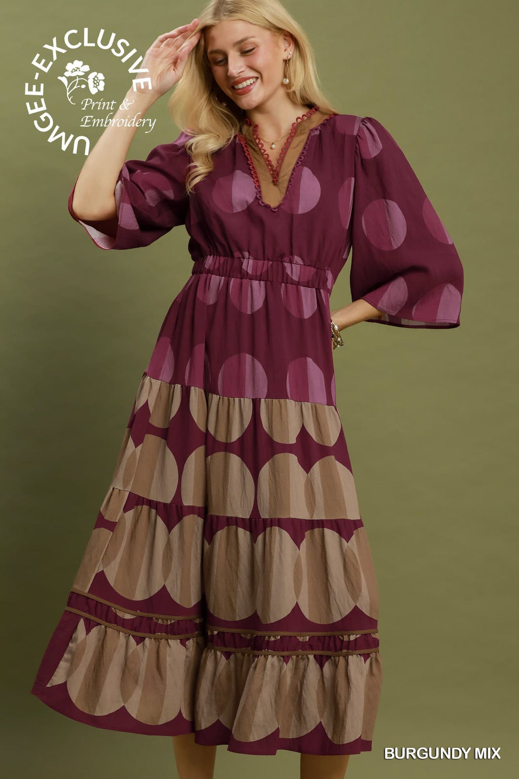 Umgee-Mix Polka Dot Tiered Boho Midi Dress