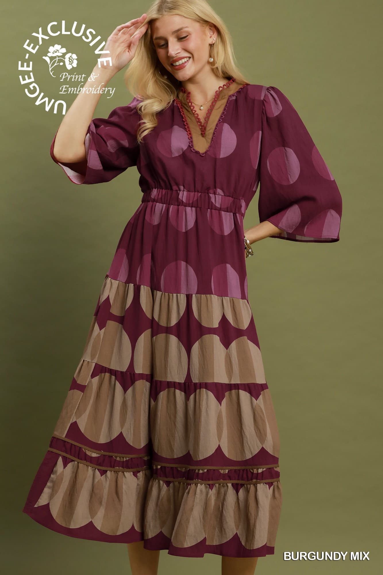 Umgee-Mix Polka Dot Tiered Boho Midi Dress