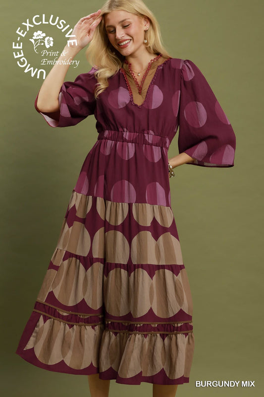 Umgee-Mix Polka Dot Tiered Boho Midi Dress