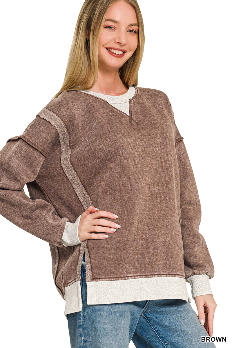 Zenana- FLEECE ACID WASHED CONTRAST TRIM PULLOVER