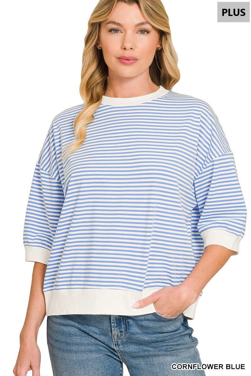 Zenana-PLUS STRIPED CONTRAST TRIM RIB BANDED TOP