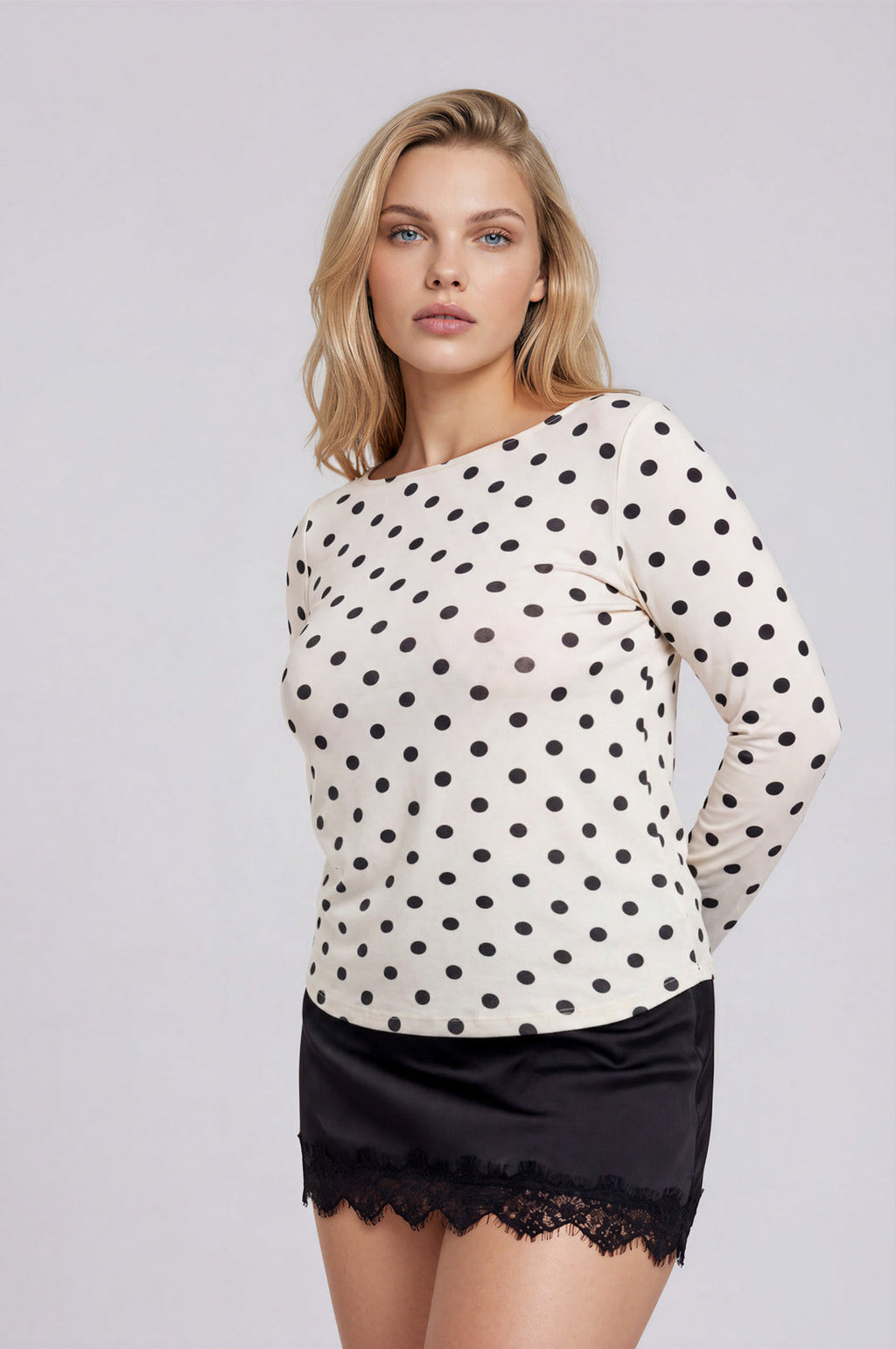 Blu Pepper-POLKA DOT BOAT NECK LONG SLEEVE KNIT TOP