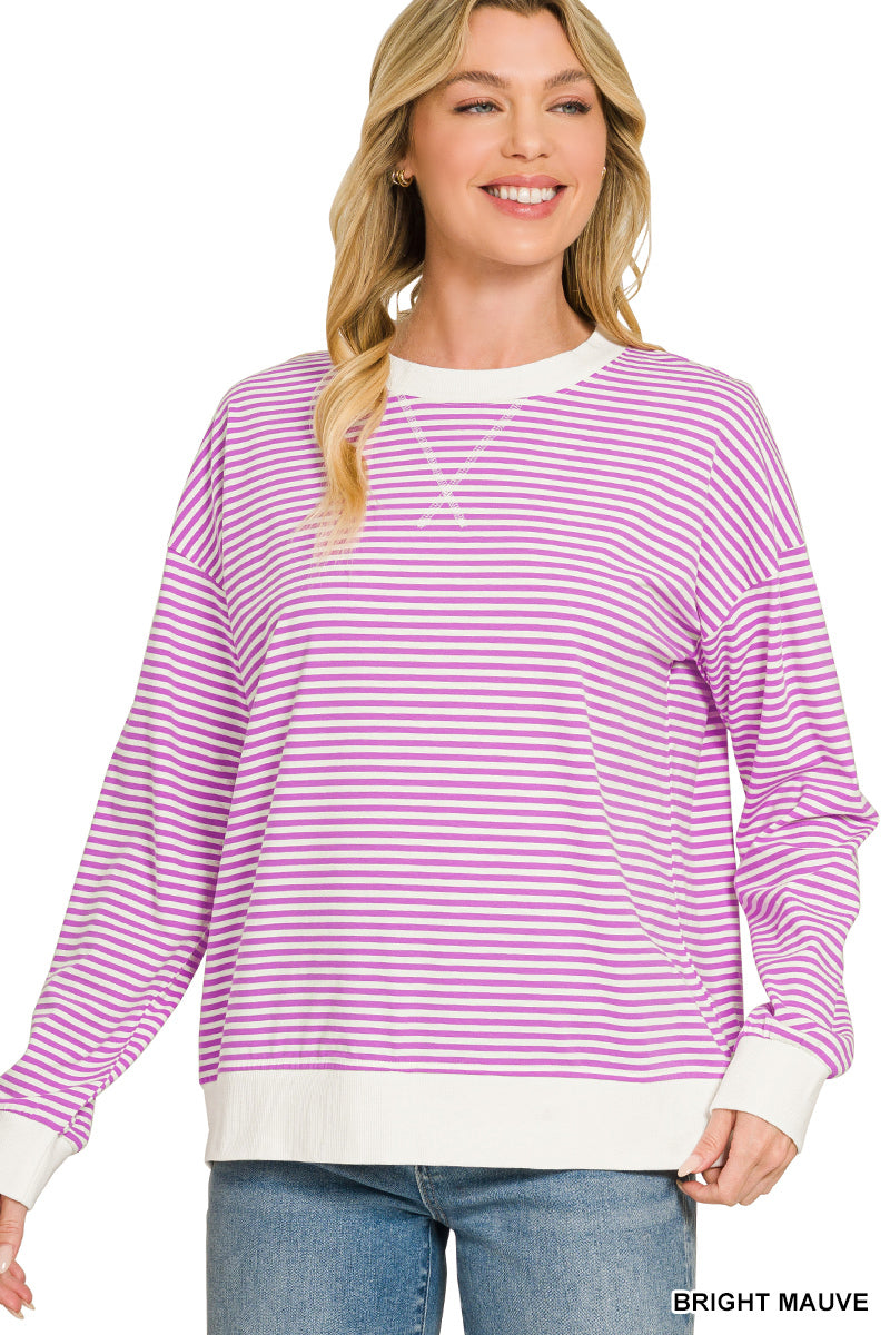 Zenana-STRIPED RIB BANDED PULLOVER
