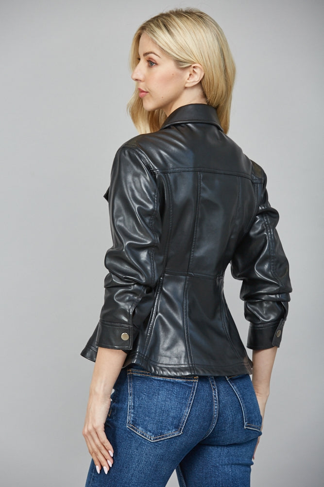 Faux Leather Cinched 3/4 Slv Jacket