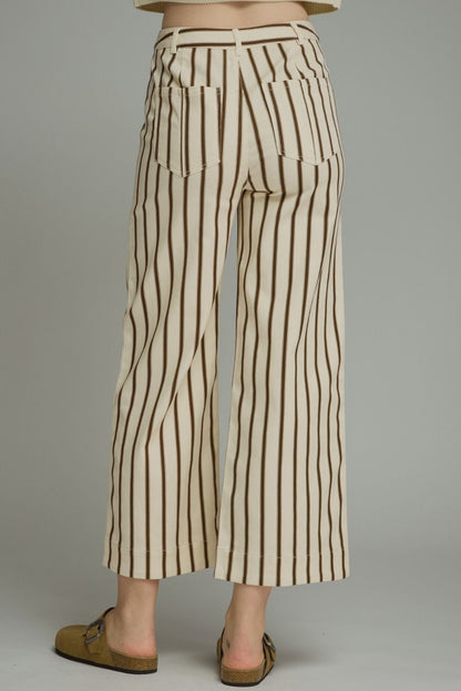 Entro-Stripe ankle-length pants featuring front pockets with button detail. Belt loops. Zip-fly button front closure. Back pockets.