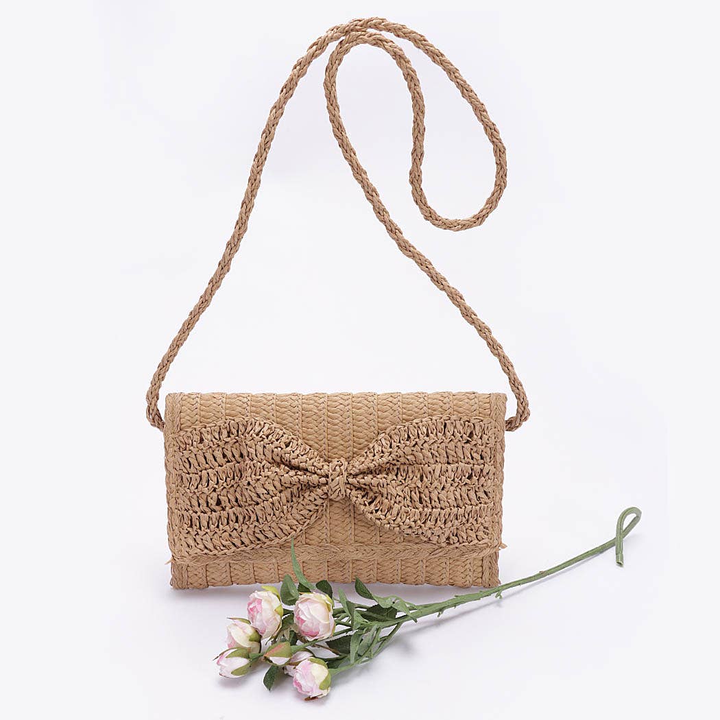 Faux Straw Handmade Ribbon Flap Cltuch