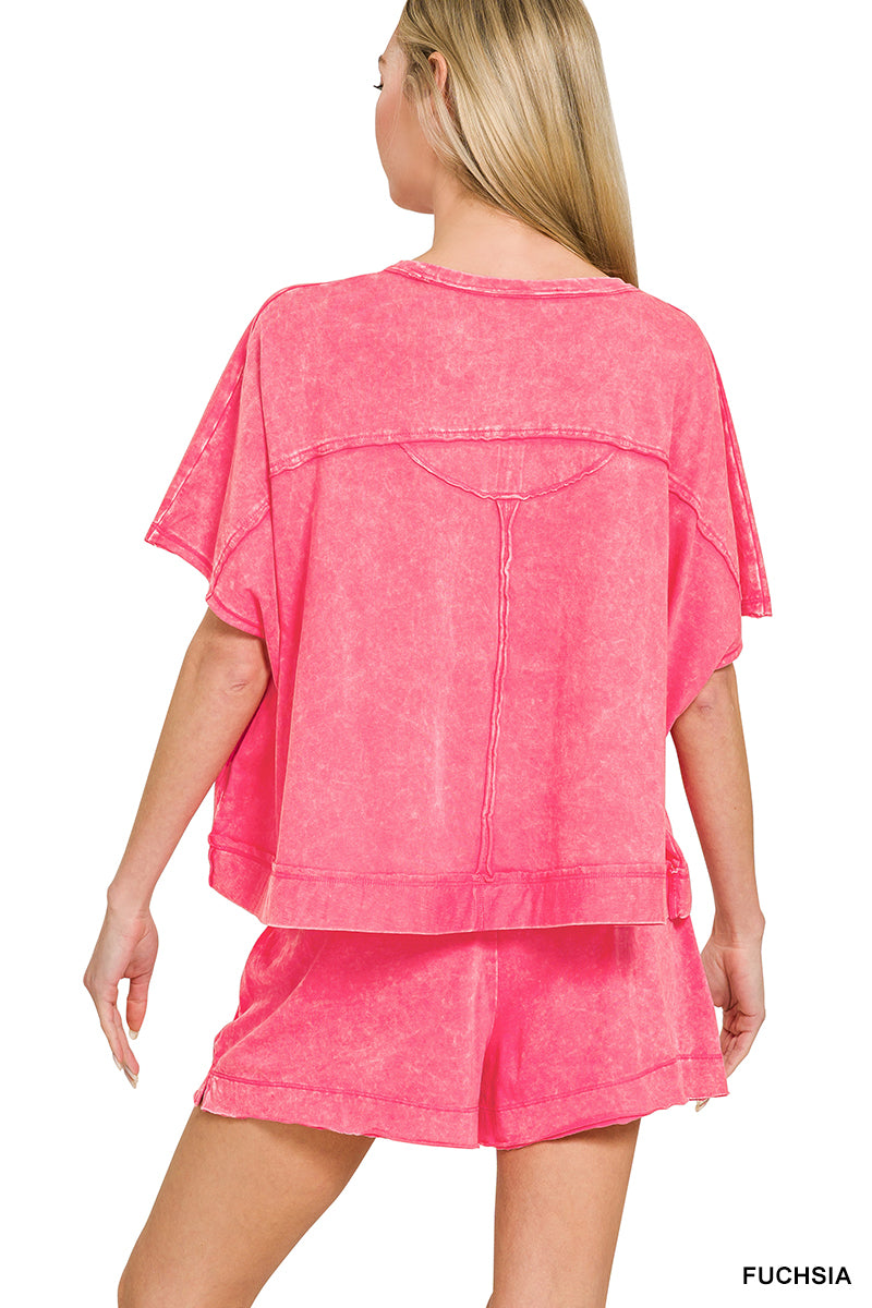 Zenana- ACID WASHED OVERSIZED TOP & SHORTS SET