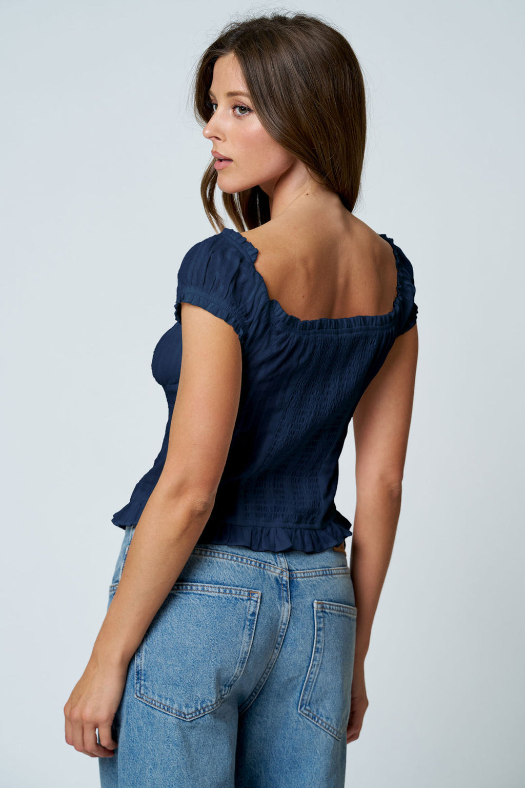 Blu Pepper-STRIPE TEXTURE RUFFLE TRIM BUTTON DOWN TOP