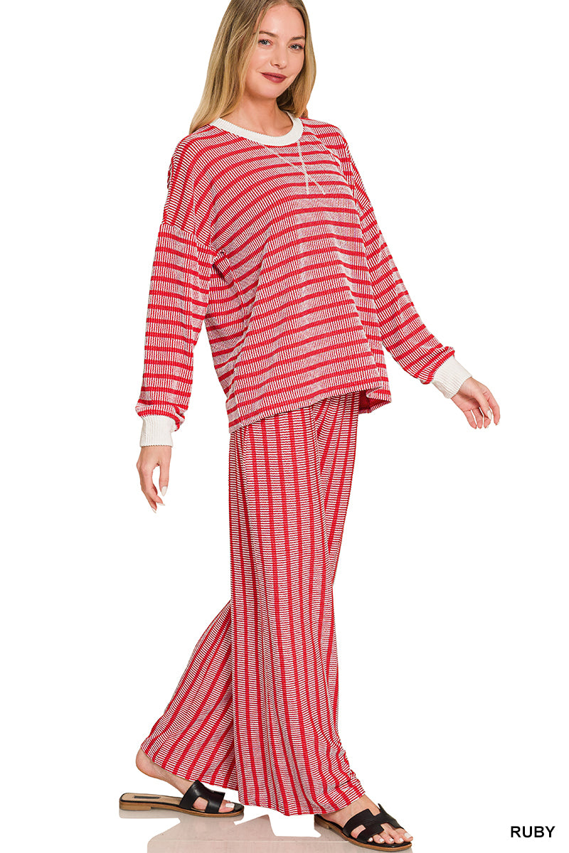 Zenana-RAISED RIB STRIPED PULLOVER & PANTS SET